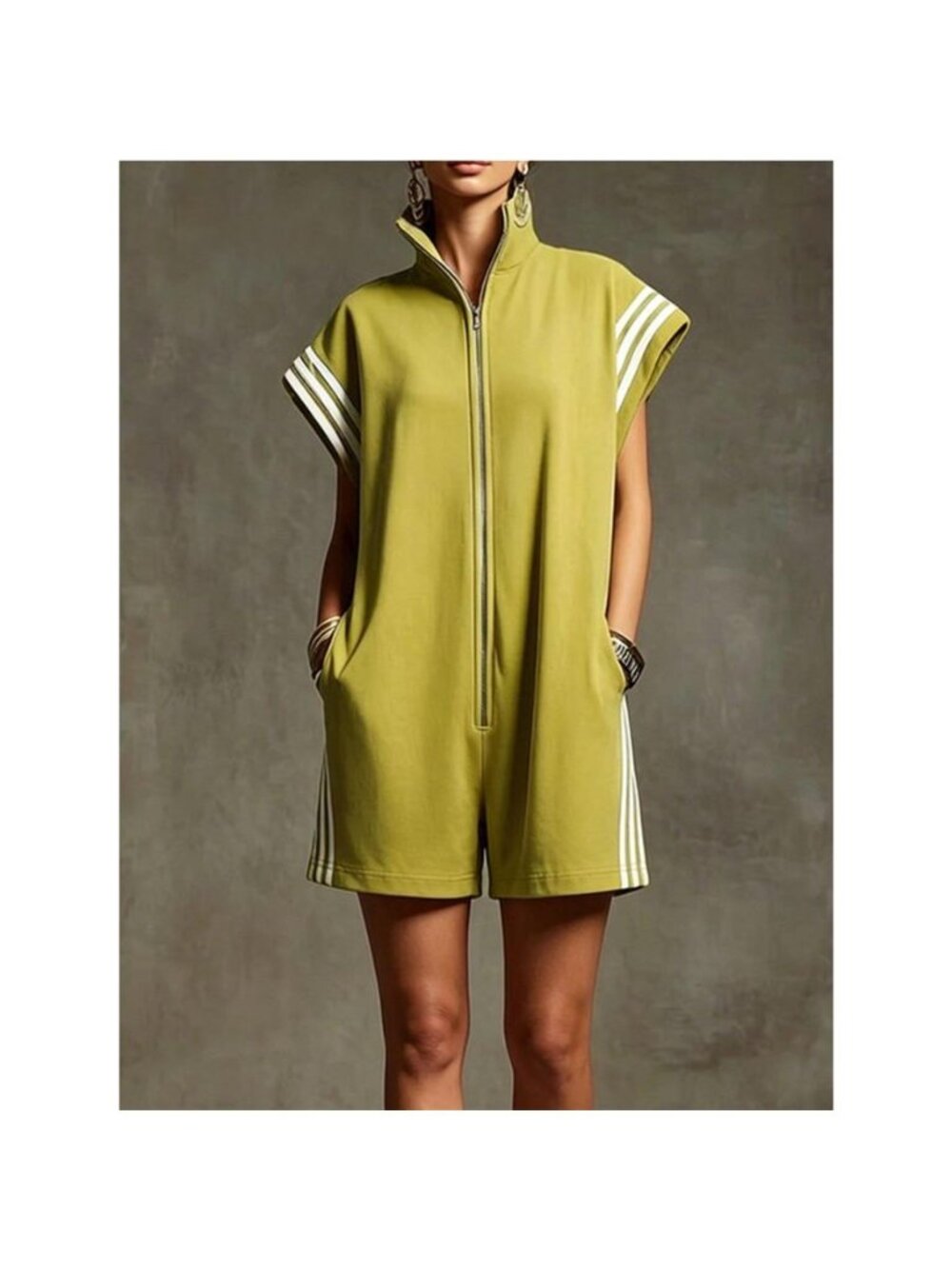 Striped Zip Front Short Sleeve Romper - Picture 13 of 15